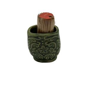 Vintage Painted Porcelain Green Floral Toothpick Holder